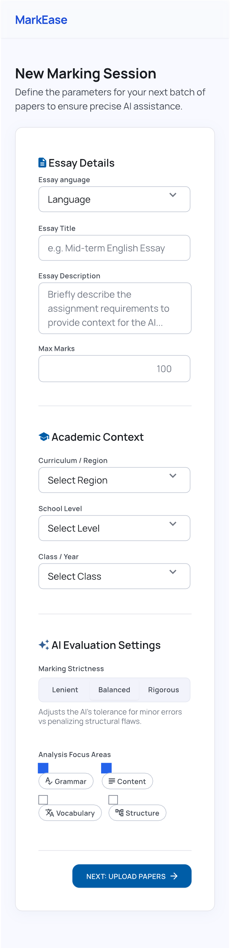 Markease setup screen