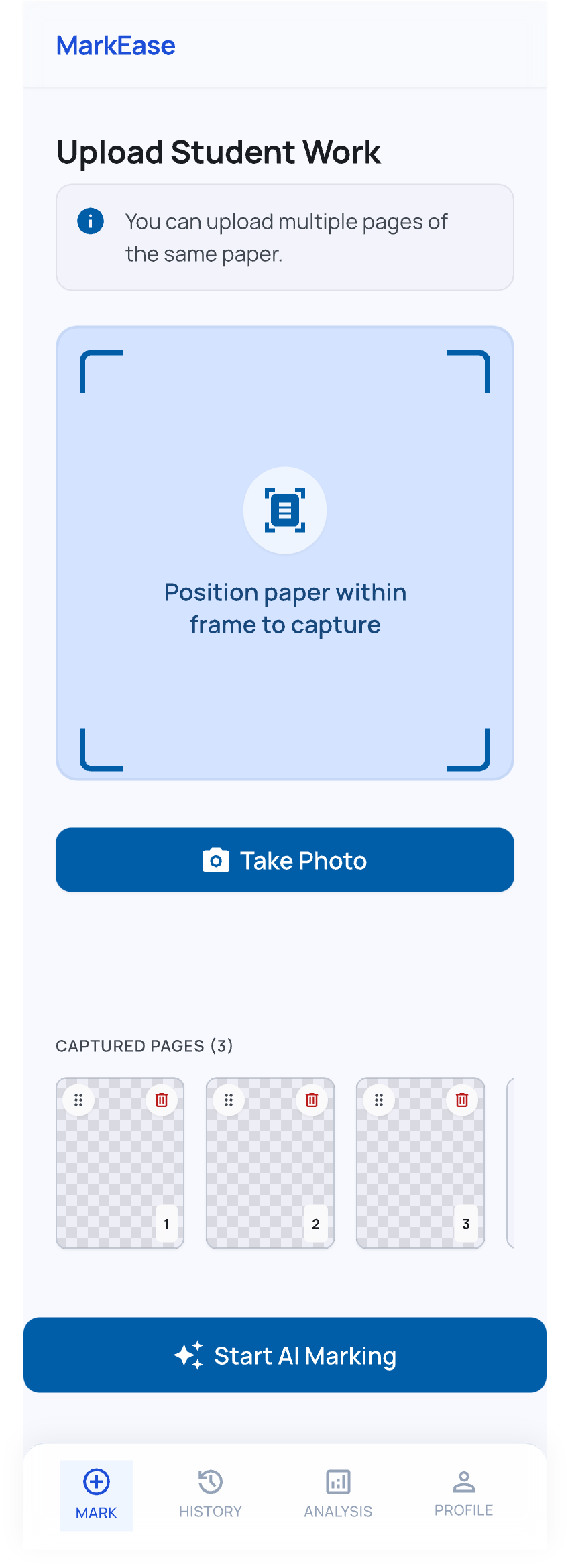 Markease upload papers screen